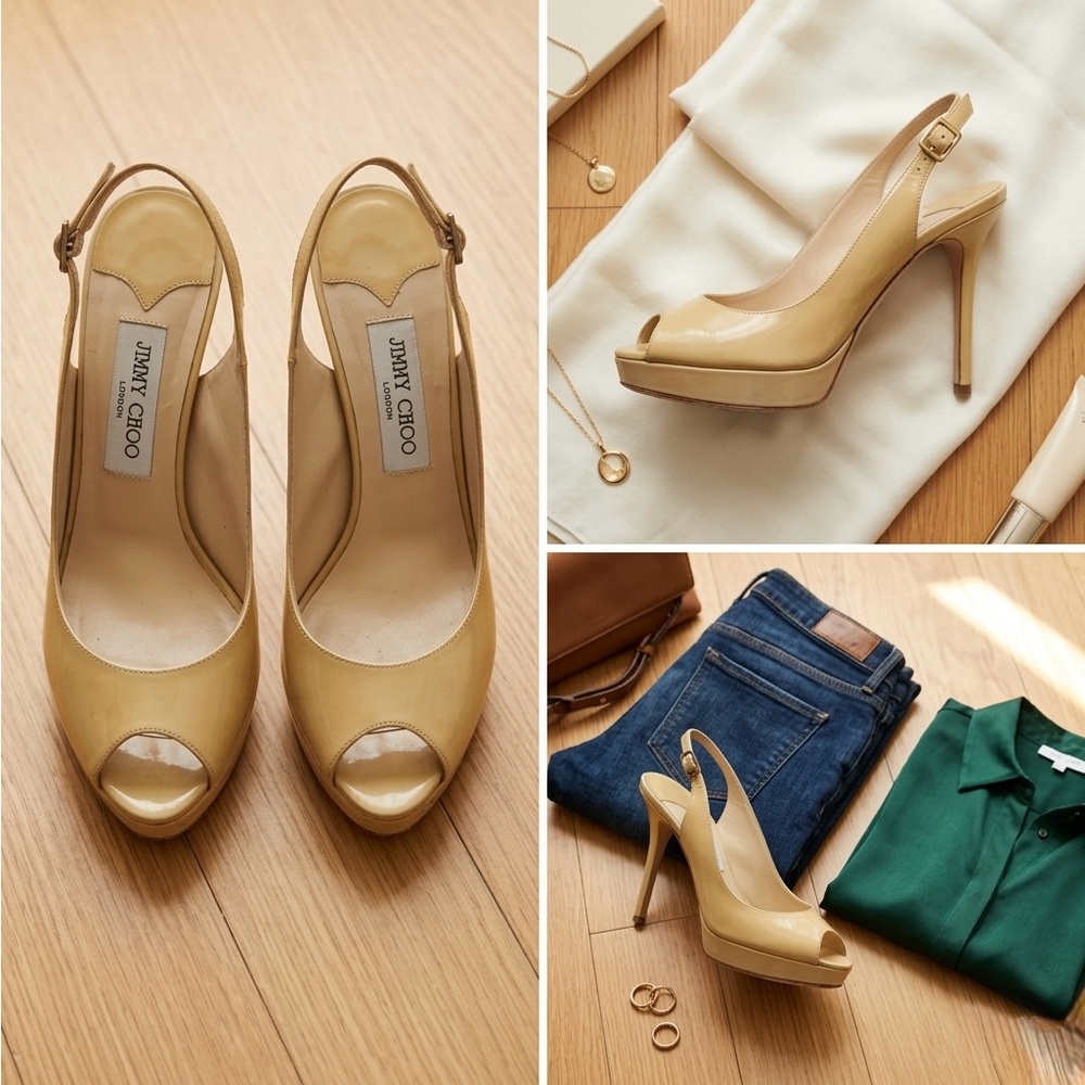 Jimmy Choo Nude Patent Leather Slingback Heels - Classic | Size 39.5